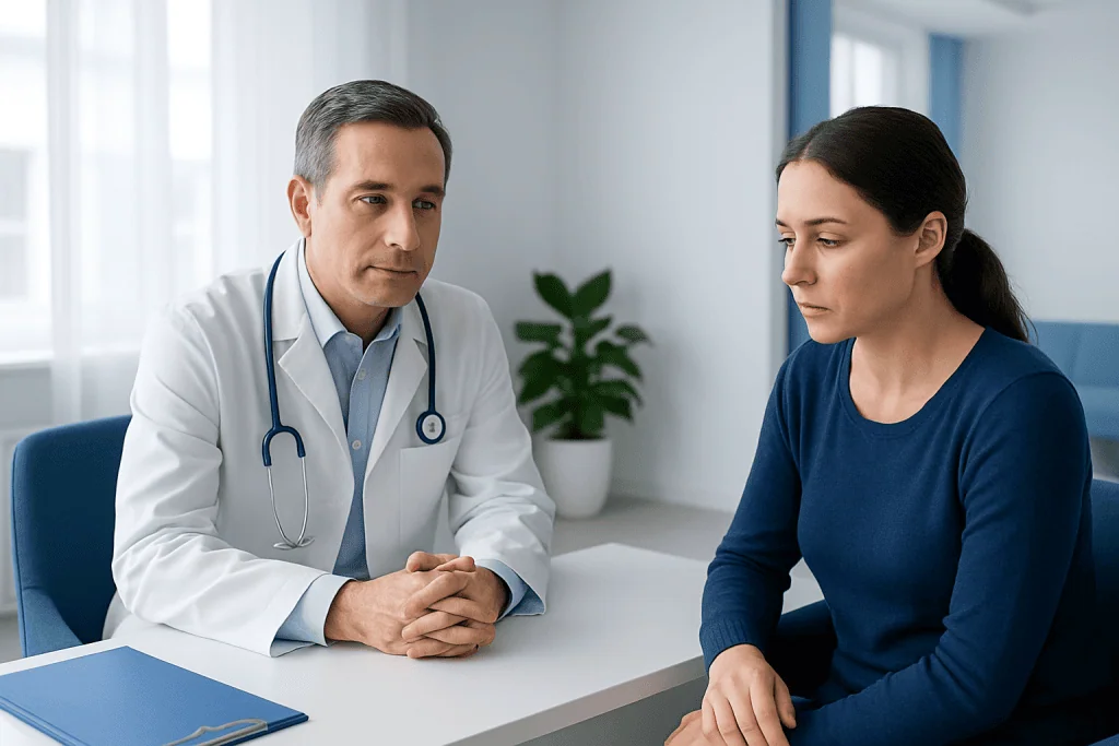 Doctor consulting with a woman patient in a medical office.