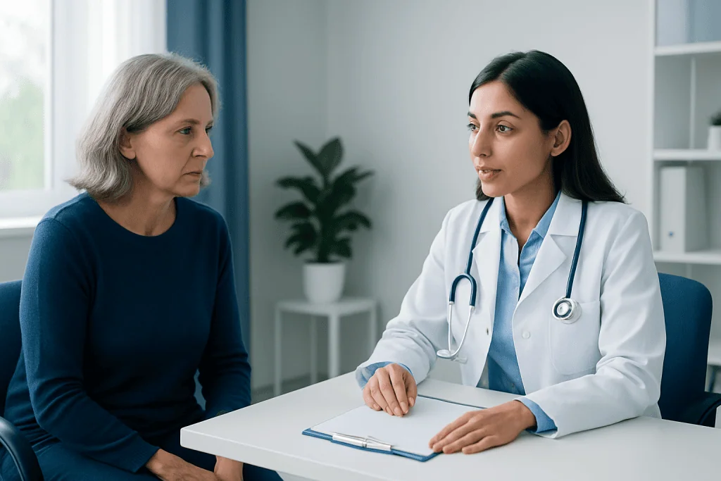 Doctor consulting with an older woman in a medical office.