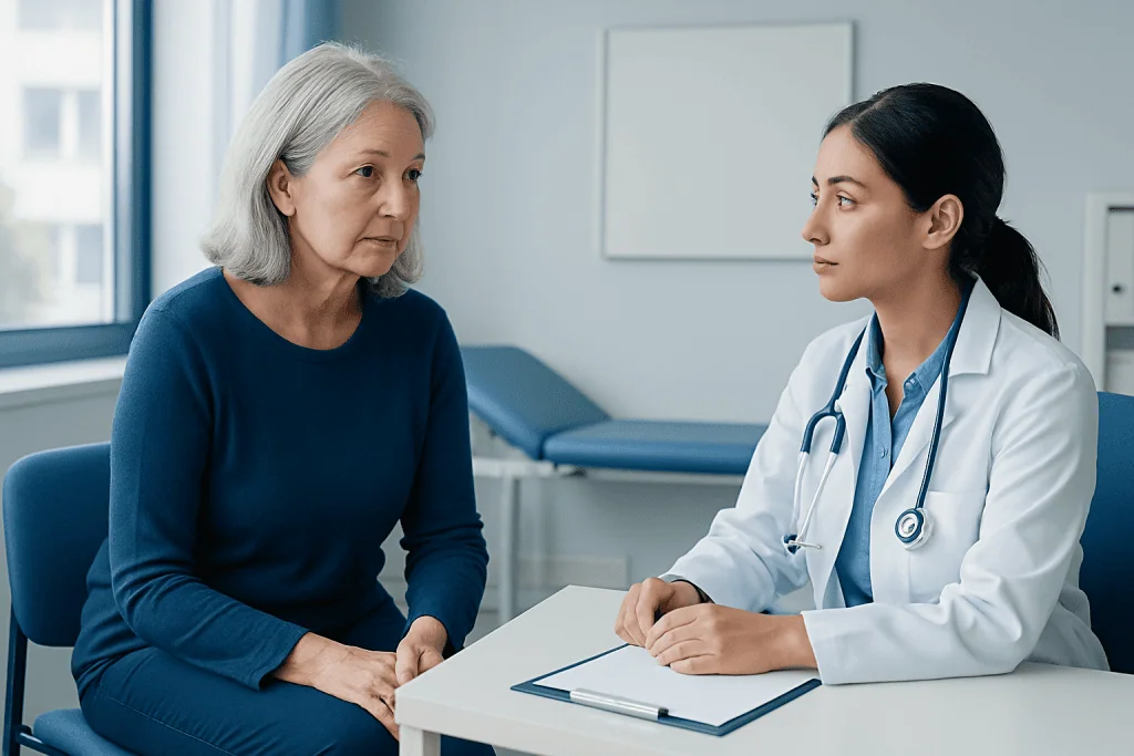 Doctor consulting with an older woman in a medical office.