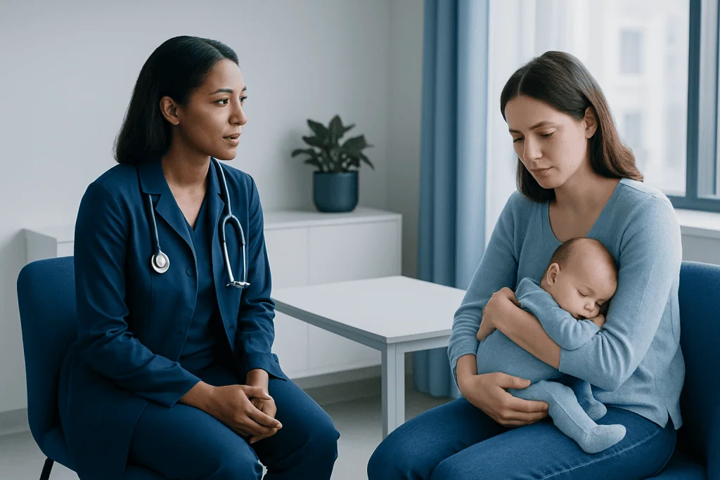 Doctor consulting new mother with baby in postpartum care setting.