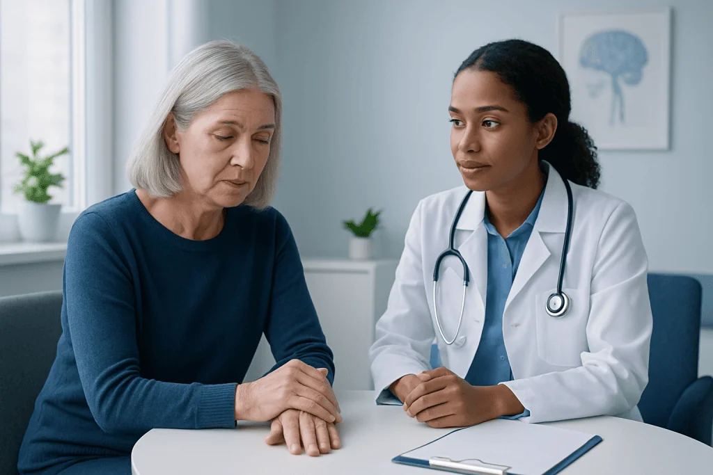 Doctor consulting with elderly woman about health concerns.