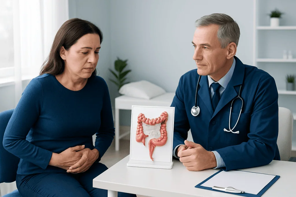 Doctor explaining colon health to a patient with a model of the large intestine.