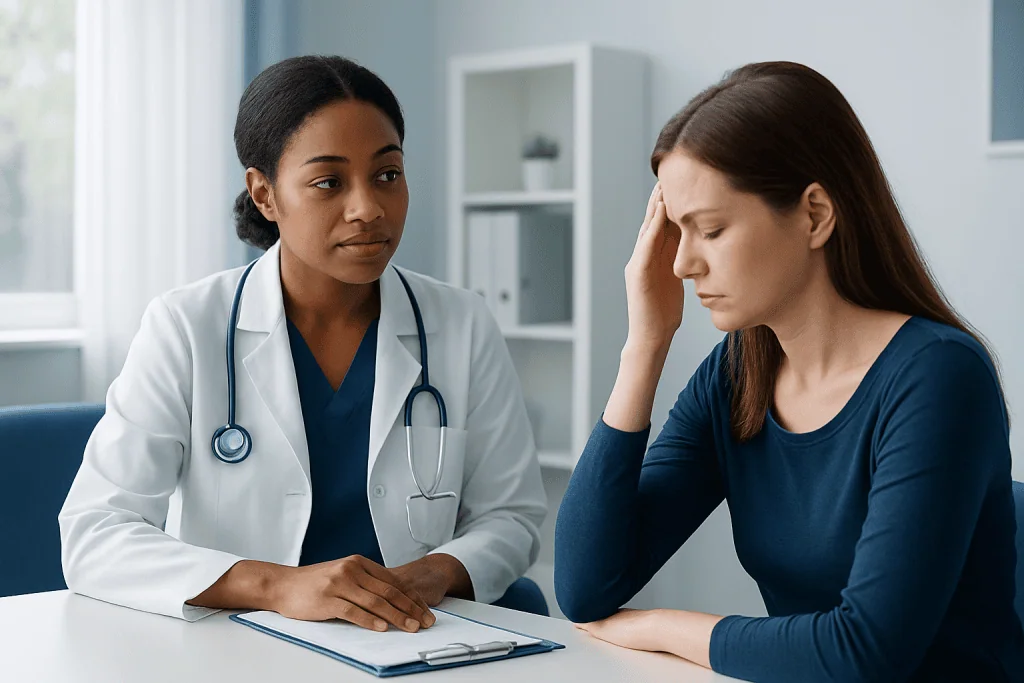 Doctor consulting with a patient experiencing headache symptoms.