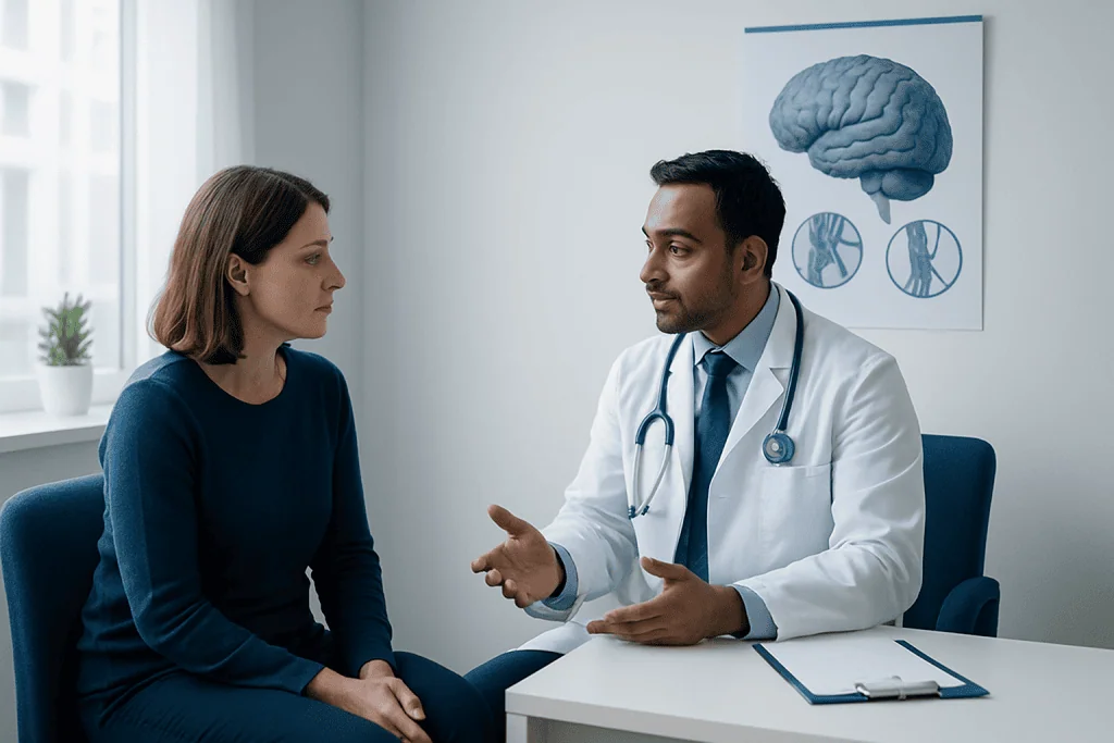 Doctor consulting with a female patient about brain health in a medical office.