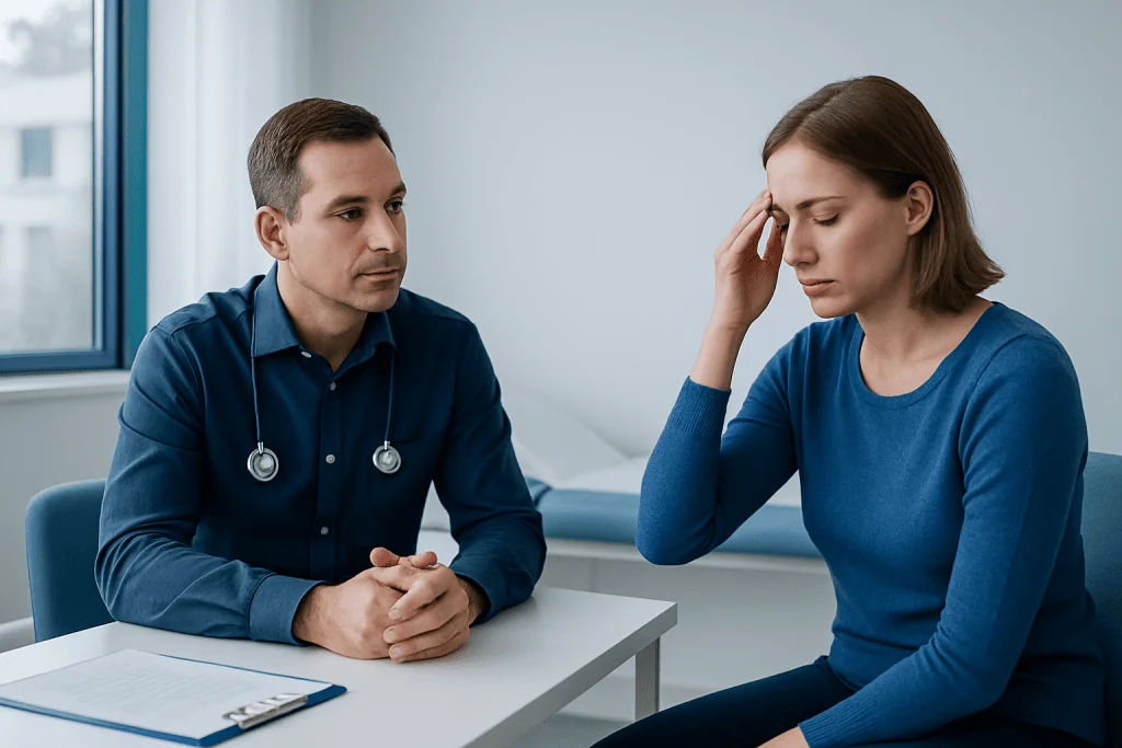 Doctor consulting with woman experiencing headache symptoms in clinic.