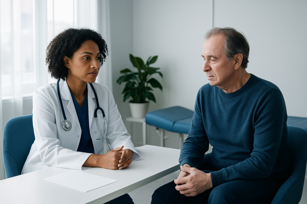 Doctor consulting with an elderly male patient in a medical office.