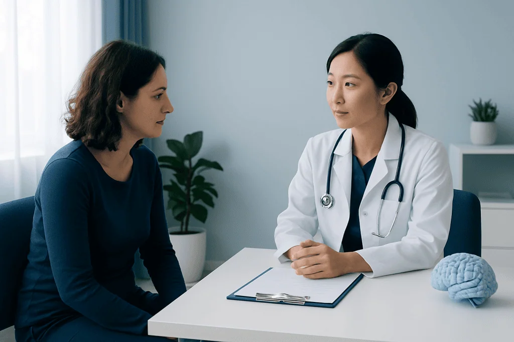 Doctor consulting with a female patient in a medical office setting.