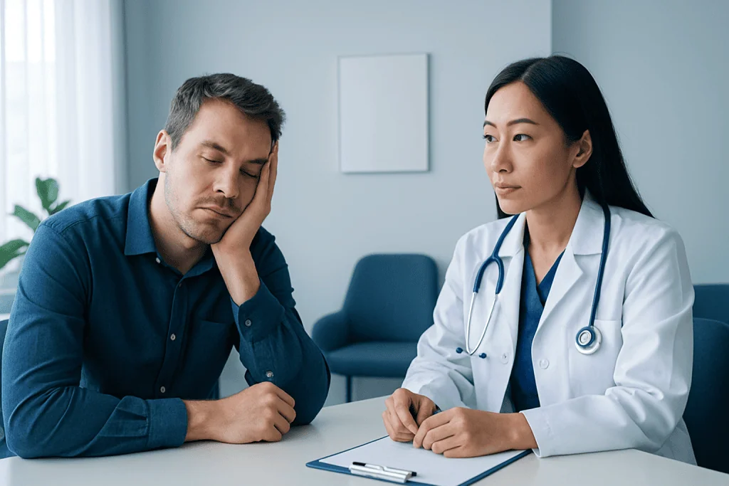 Doctor consulting with a patient about sleep issues in a clinic setting.
