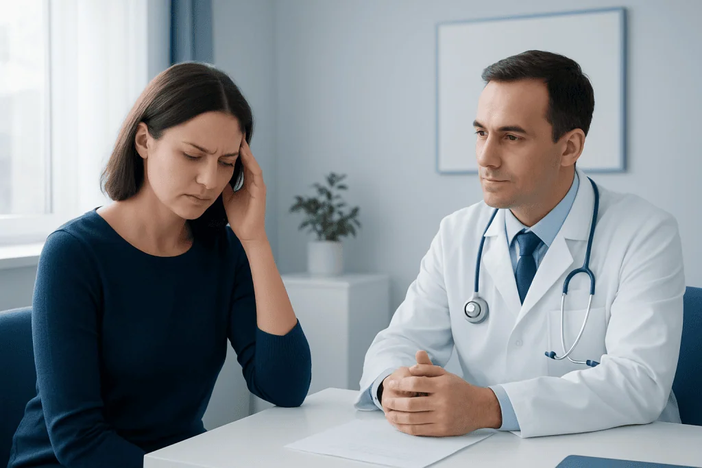 Doctor consulting with a woman patient about headache symptoms in a clinic.