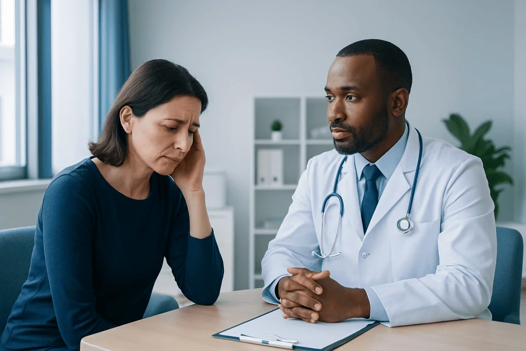 Patient consulting with a doctor about pulsatile tinnitus symptoms.