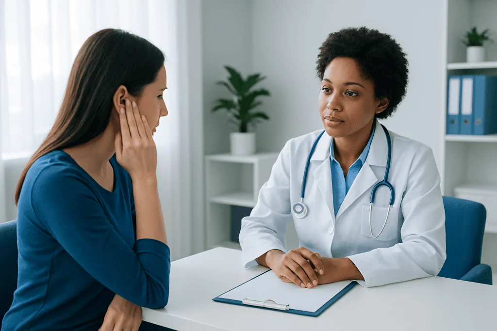 Doctor consulting a patient about pulsatile tinnitus symptoms in a clinical setting.