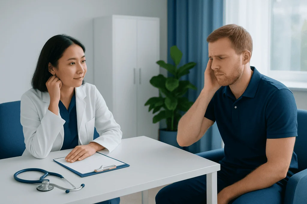 Doctor consulting patient about pulsatile tinnitus symptoms in clinic.