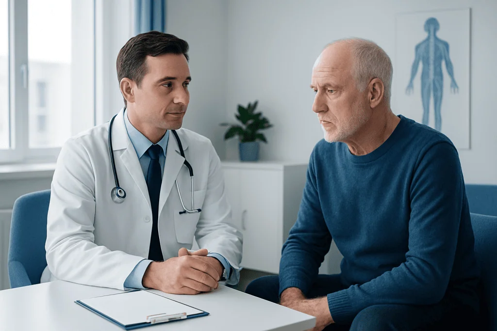 Doctor consulting with an elderly patient about neurological symptoms.