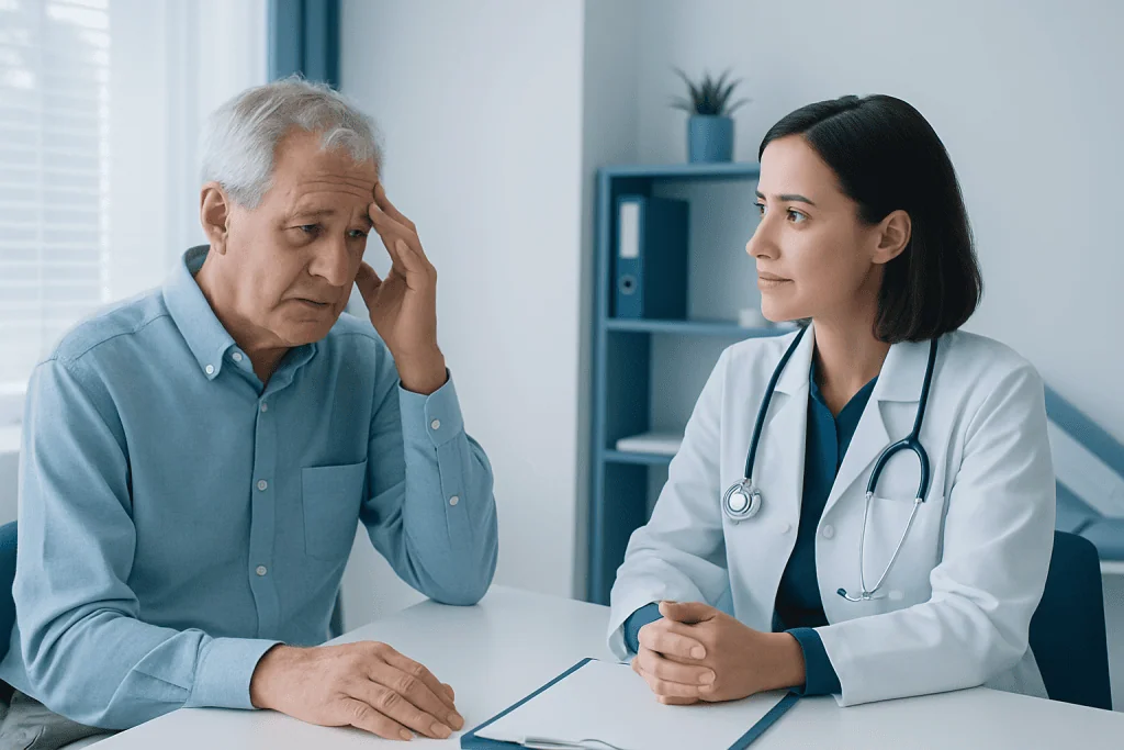 Doctor consulting with an elderly patient about cognitive health.