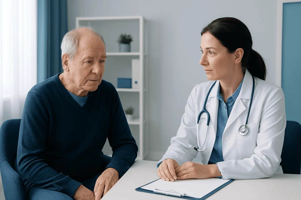 Doctor consulting with elderly patient in a medical office.