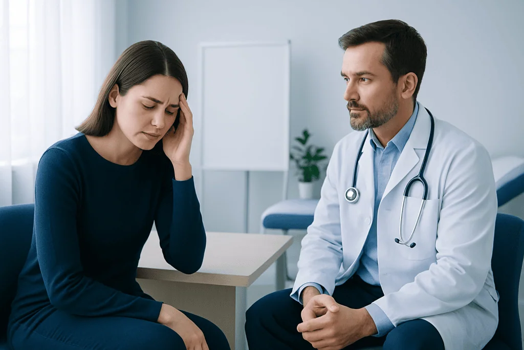 Doctor consulting with a woman experiencing headache symptoms in a clinic.