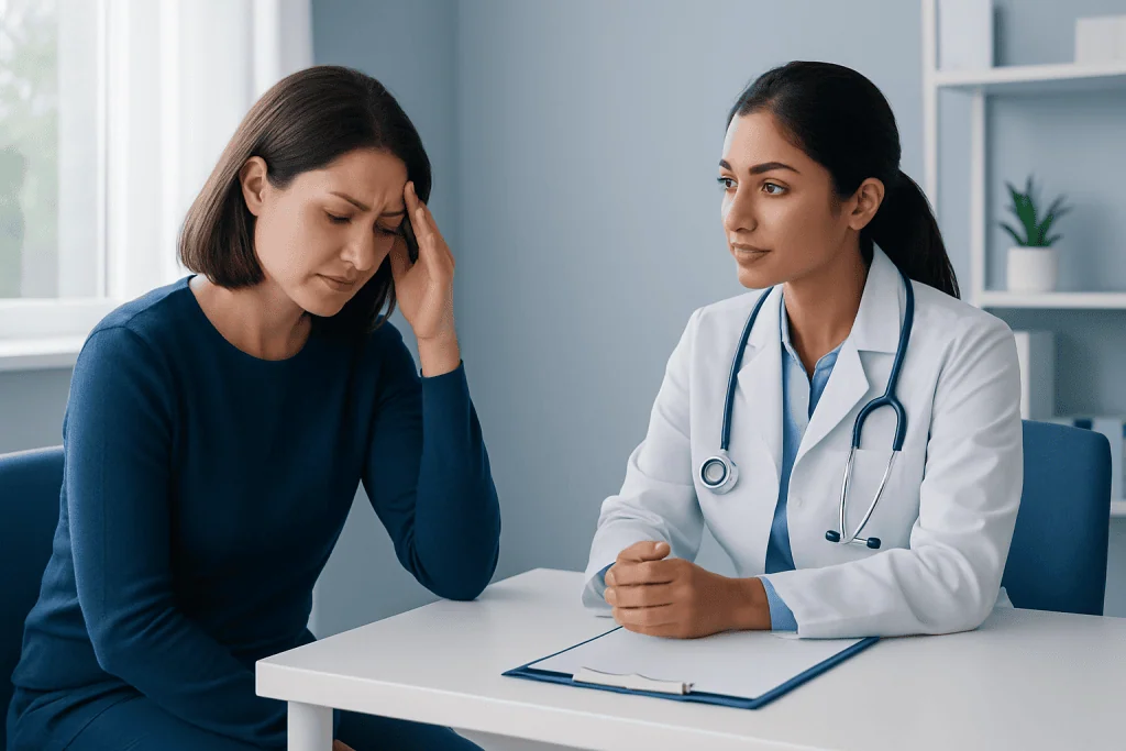 Woman experiencing headache consulting a doctor in a medical office.
