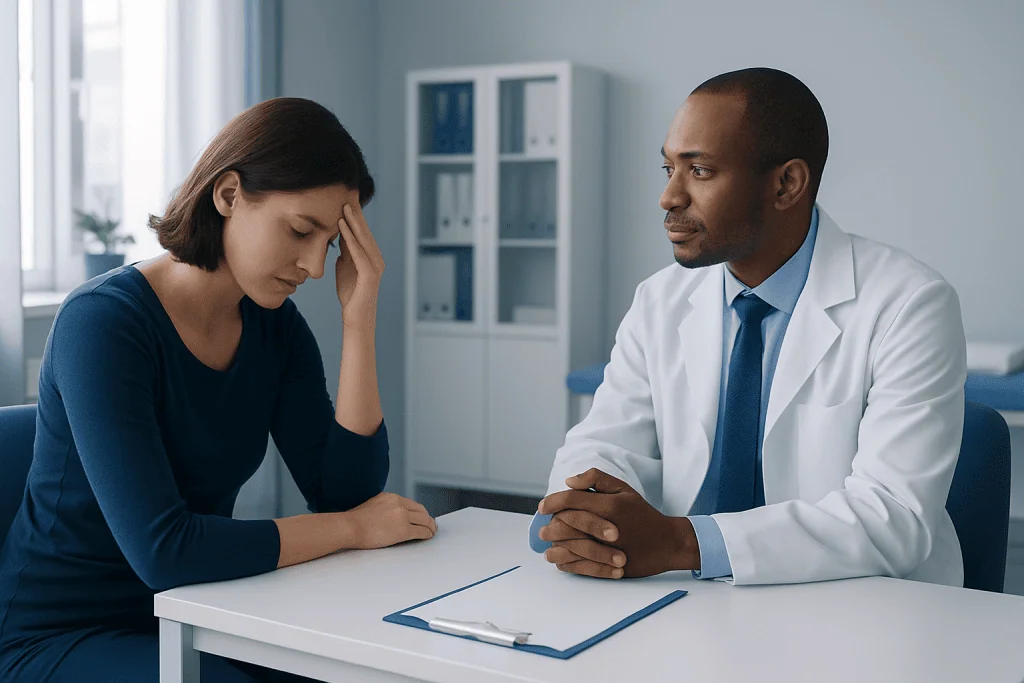 Woman experiencing headache consulting with doctor in clinic.