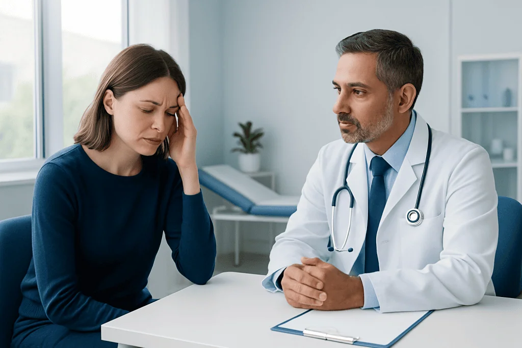 Doctor consulting with a woman patient experiencing headache in a clinic.