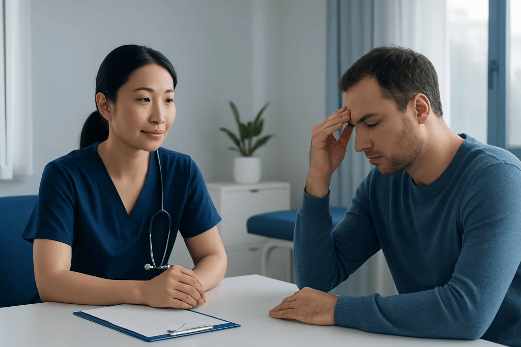 Doctor consulting with a patient experiencing stress headache symptoms.