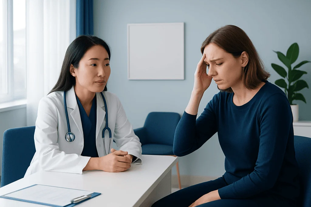 Doctor consulting with a patient experiencing stress headache symptoms.