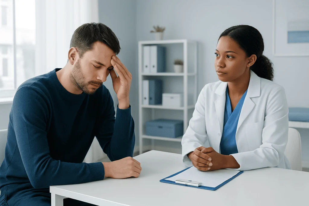 Patient experiencing headache during consultation at Acibadem Hospital.