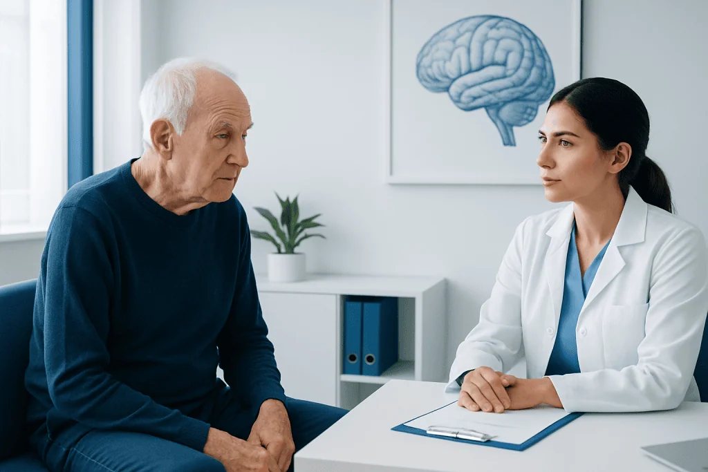 Geriatric neurology consultation at Acibadem Hospital with doctor and elderly patient.