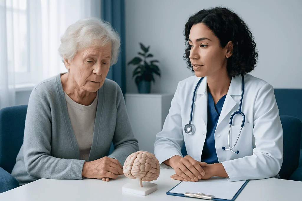 Doctor explaining Alzheimer's disease to elderly woman with brain model.
