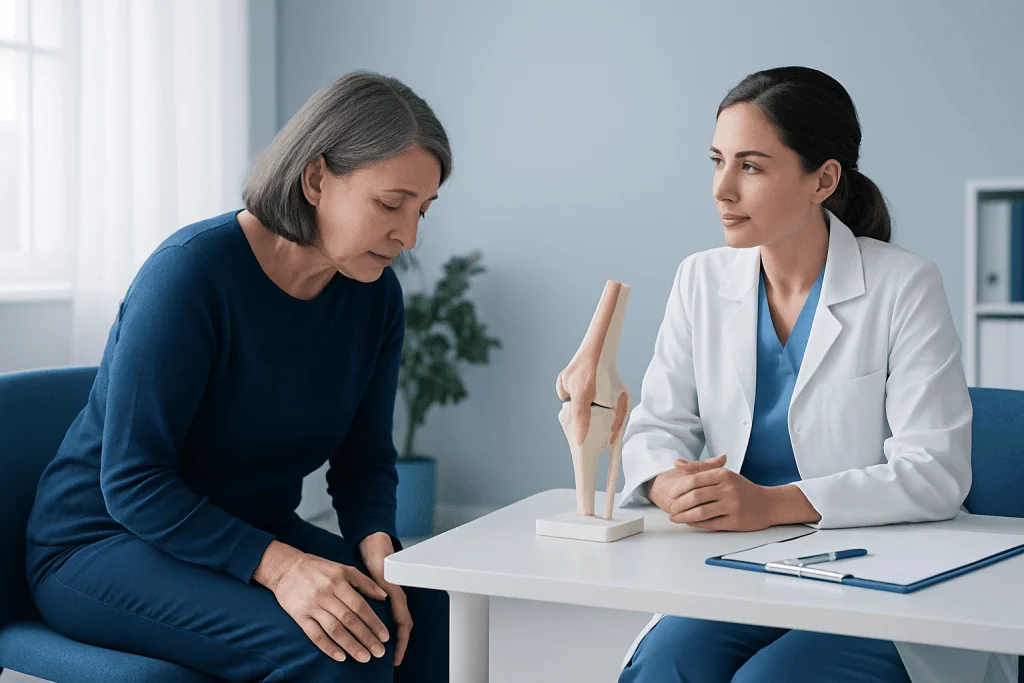 Doctor explaining knee joint model to patient in consultation room.