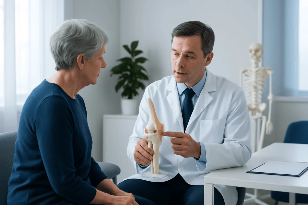 Orthopedic doctor explaining knee joint to elderly woman in clinic.
