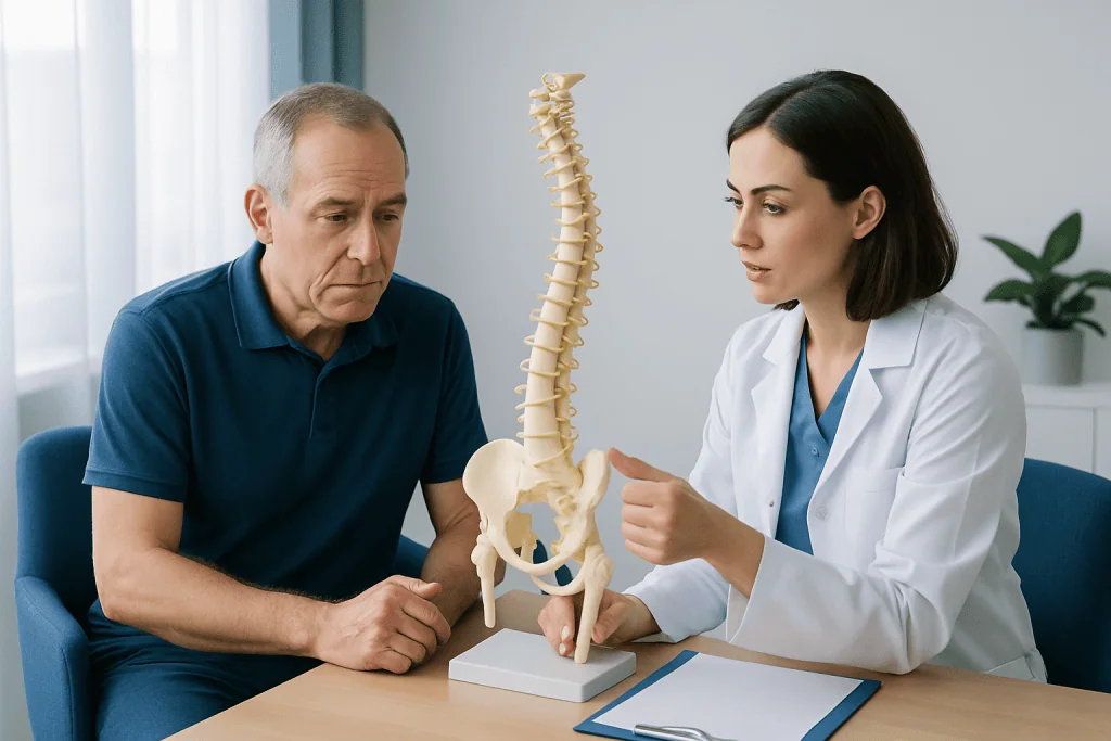 Doctor explaining spinal health to an older male patient with a spine model.