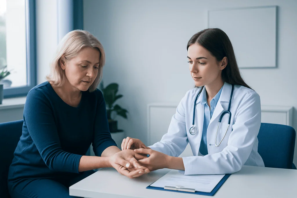 Doctor examining patient's hand for carpal tunnel syndrome diagnosis.
