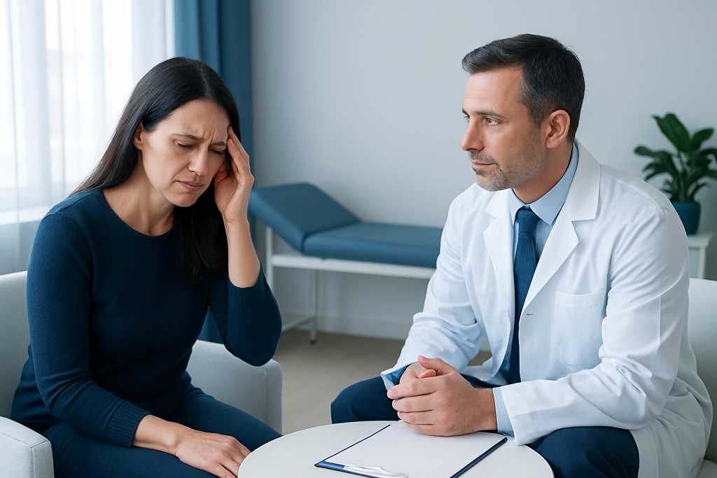 Patient experiencing headache consults with doctor in clinic setting.