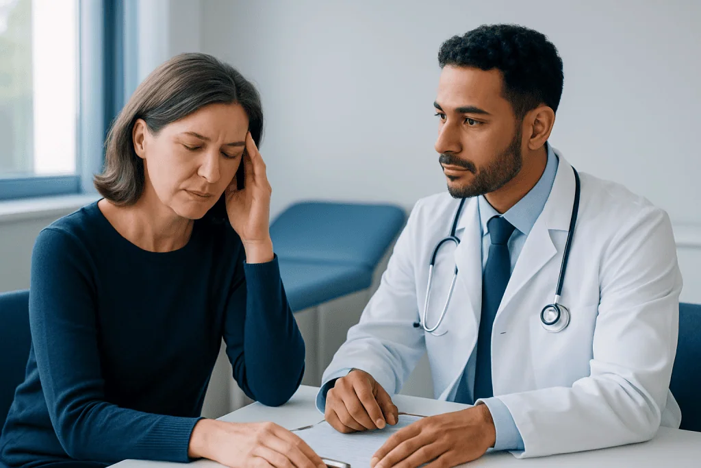 Doctor consulting with a woman experiencing headache symptoms in a clinic.