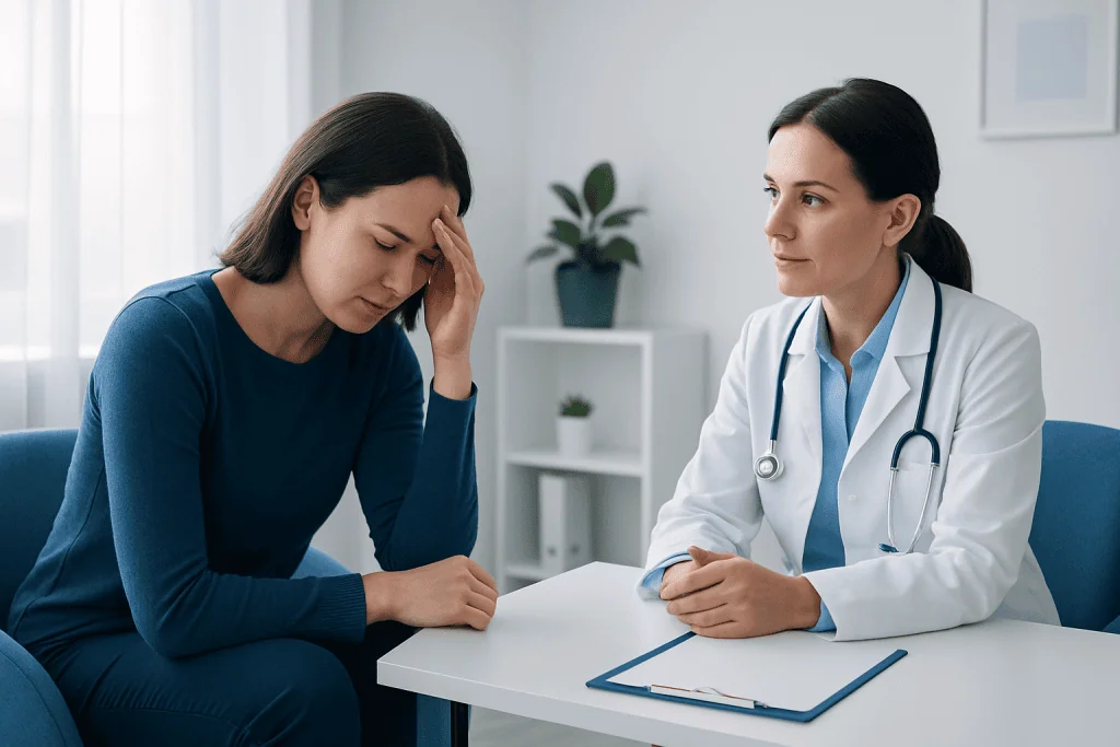 Young woman with headache consulting a doctor in a medical office.