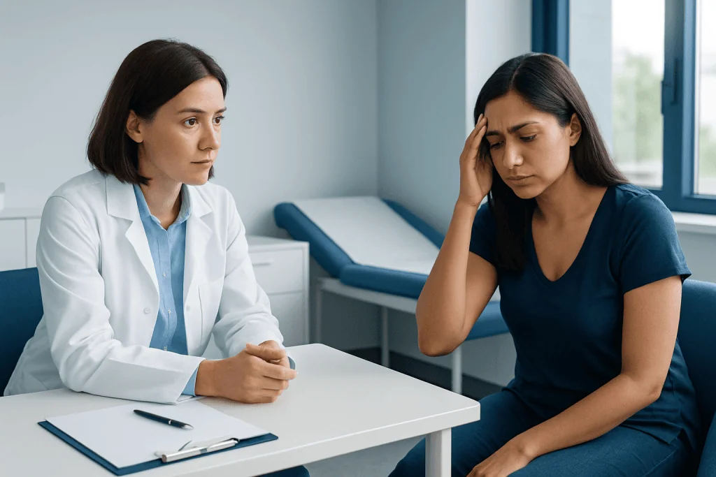 Doctor consulting a patient with headache and blurred vision in a clinic setting.