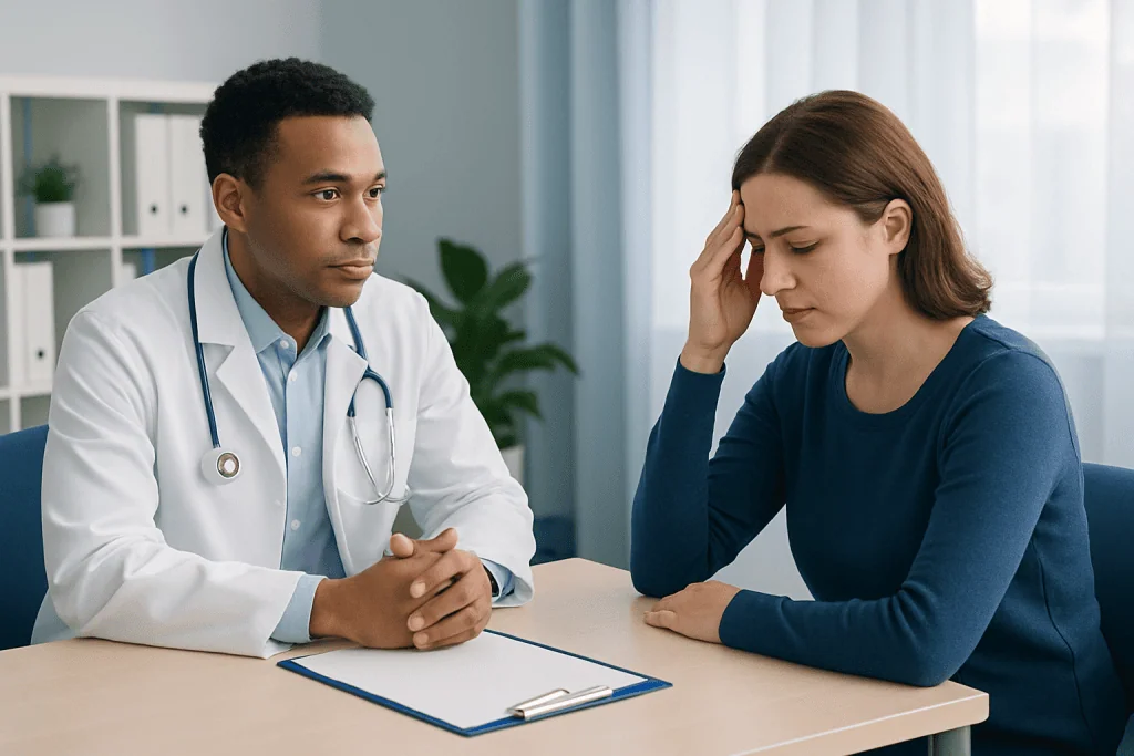 Doctor consulting with a woman experiencing headache symptoms in a clinic.