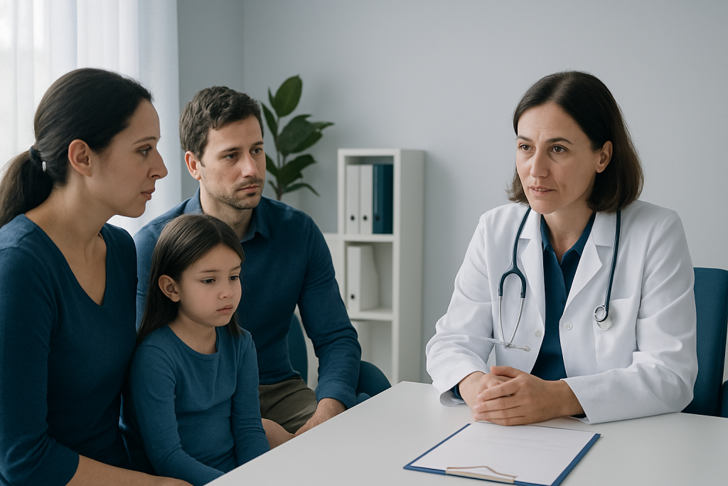 Pediatric neurology consultation with a doctor and family in a clinic setting.
