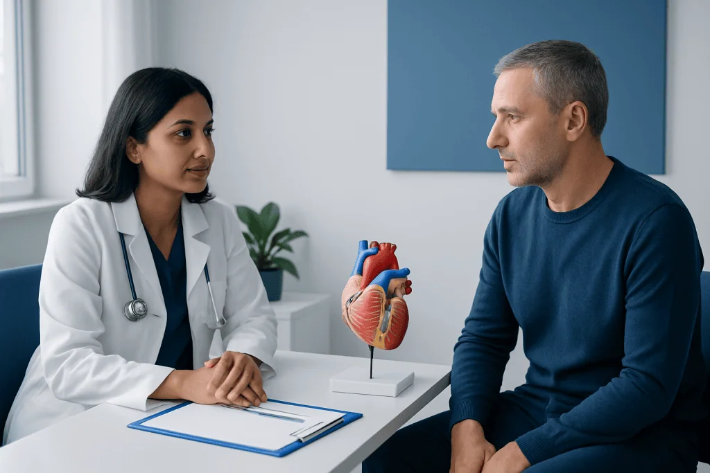 Doctor explaining heart health to male patient in clinic.