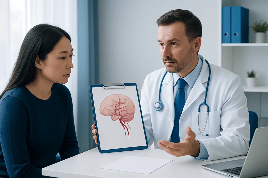 Doctor explaining brain diagram to patient in a consultation room.