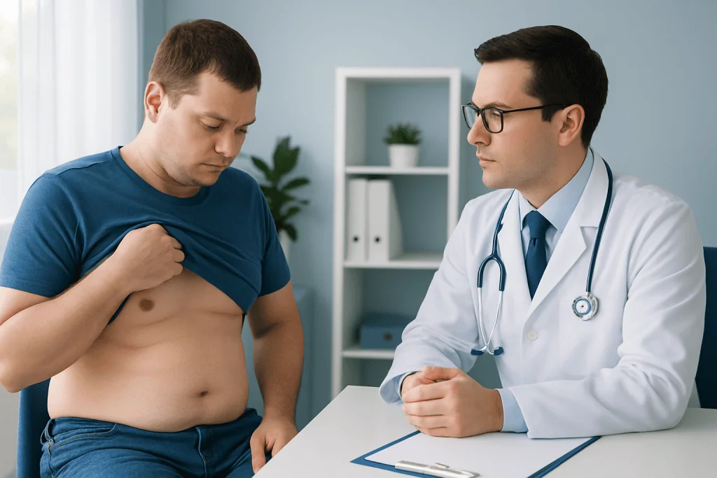 Doctor examining male patient with accessory breast tissue in clinic setting.