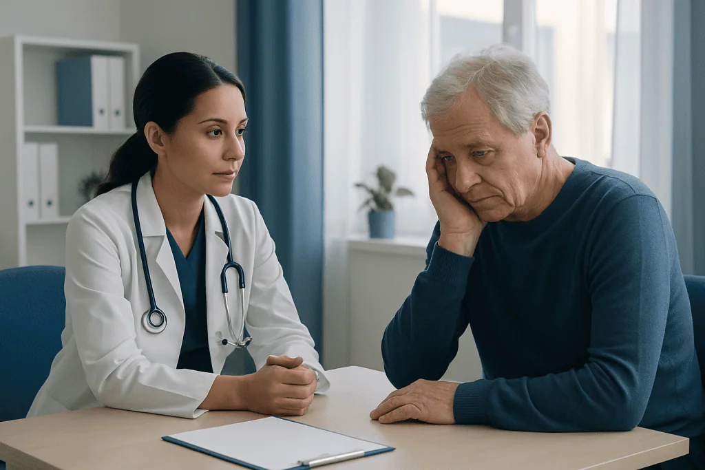 Doctor consulting with an elderly patient about neurological symptoms.
