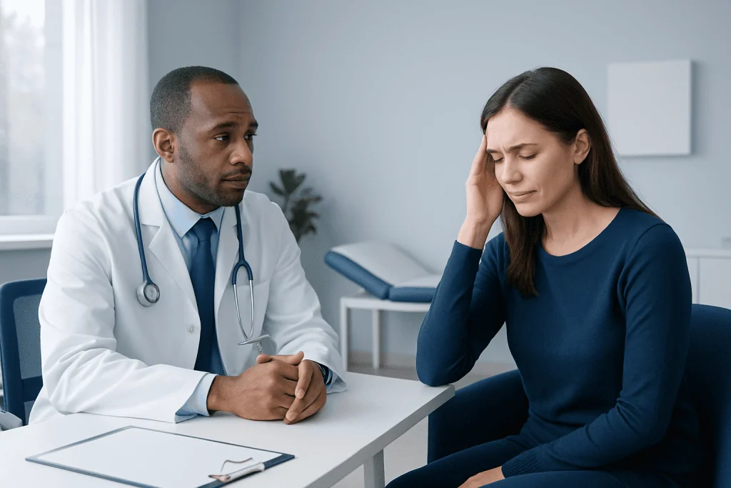 Doctor consulting a woman patient in a medical office.