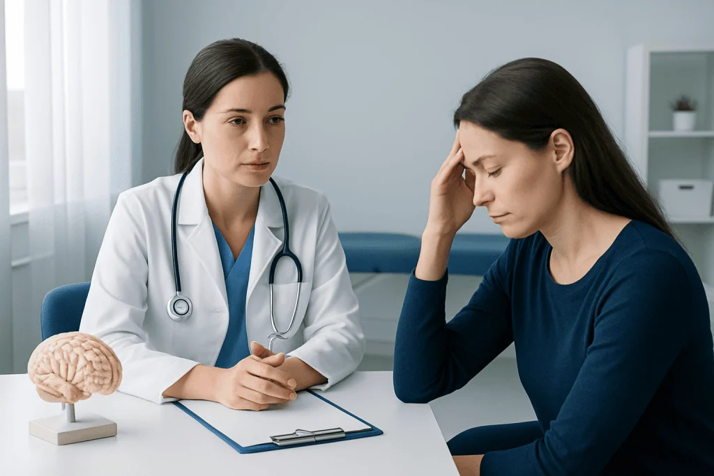 Doctor consulting with a patient about neurological symptoms.