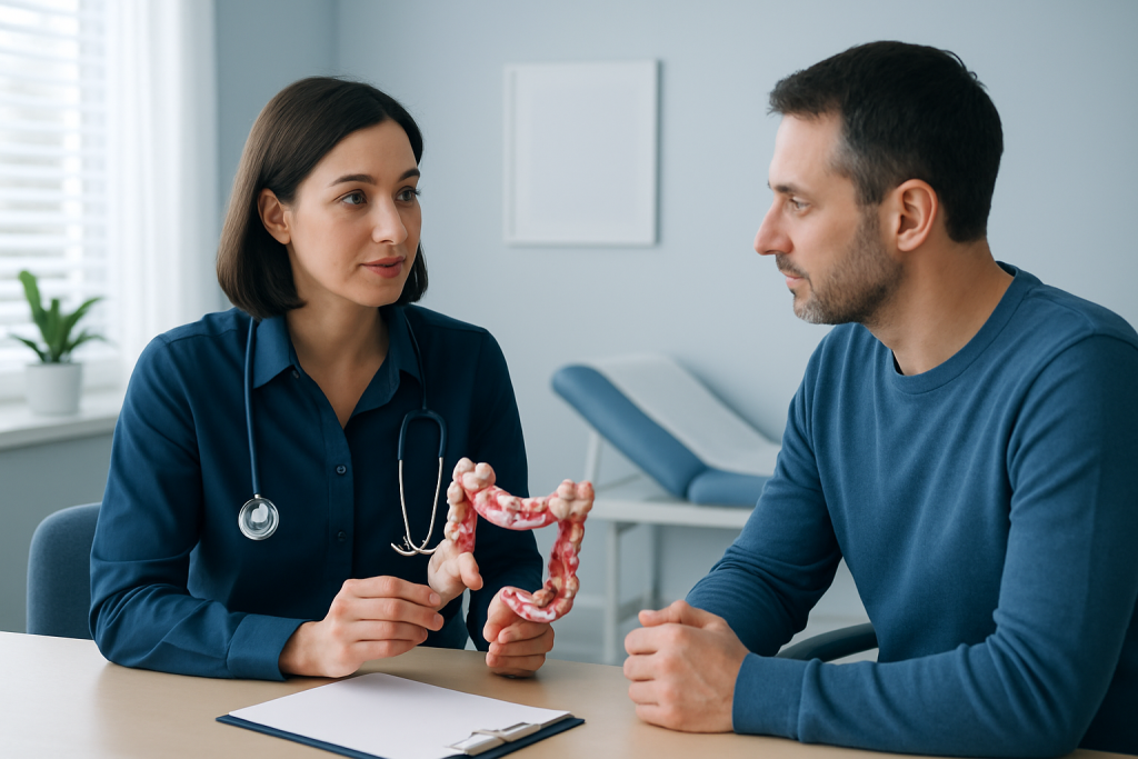Doctor explaining colon anatomy to patient in consultation room.