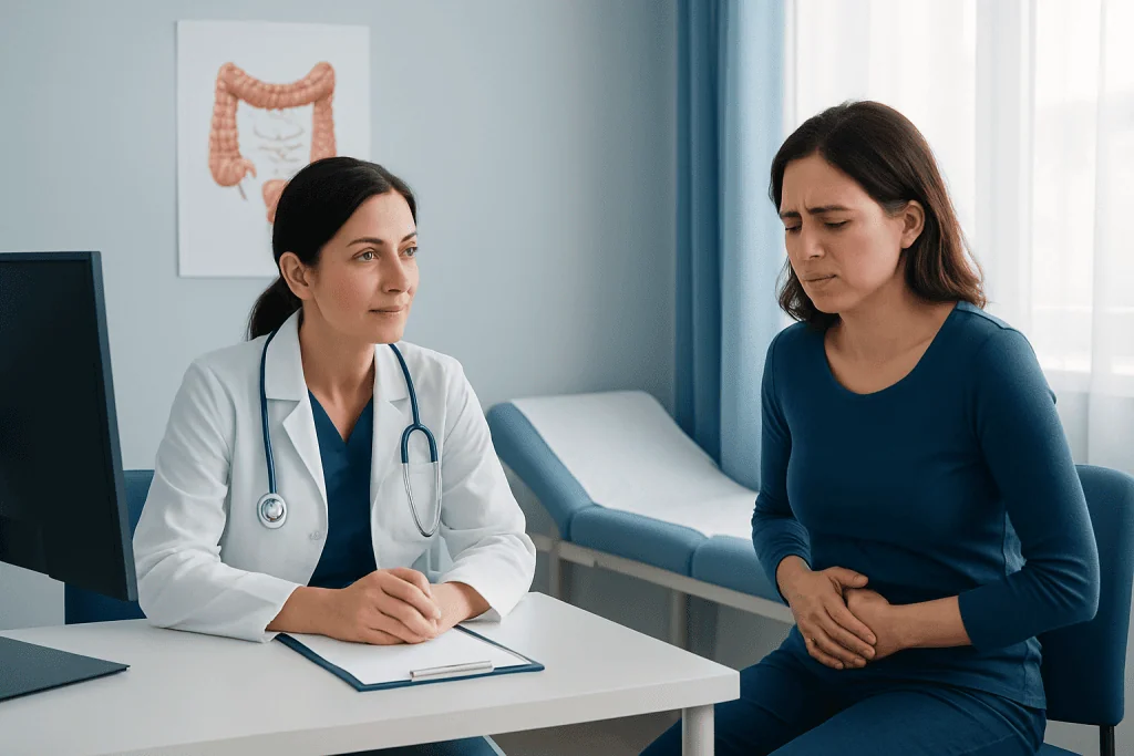 Doctor consulting with patient about gastrointestinal health in clinic.