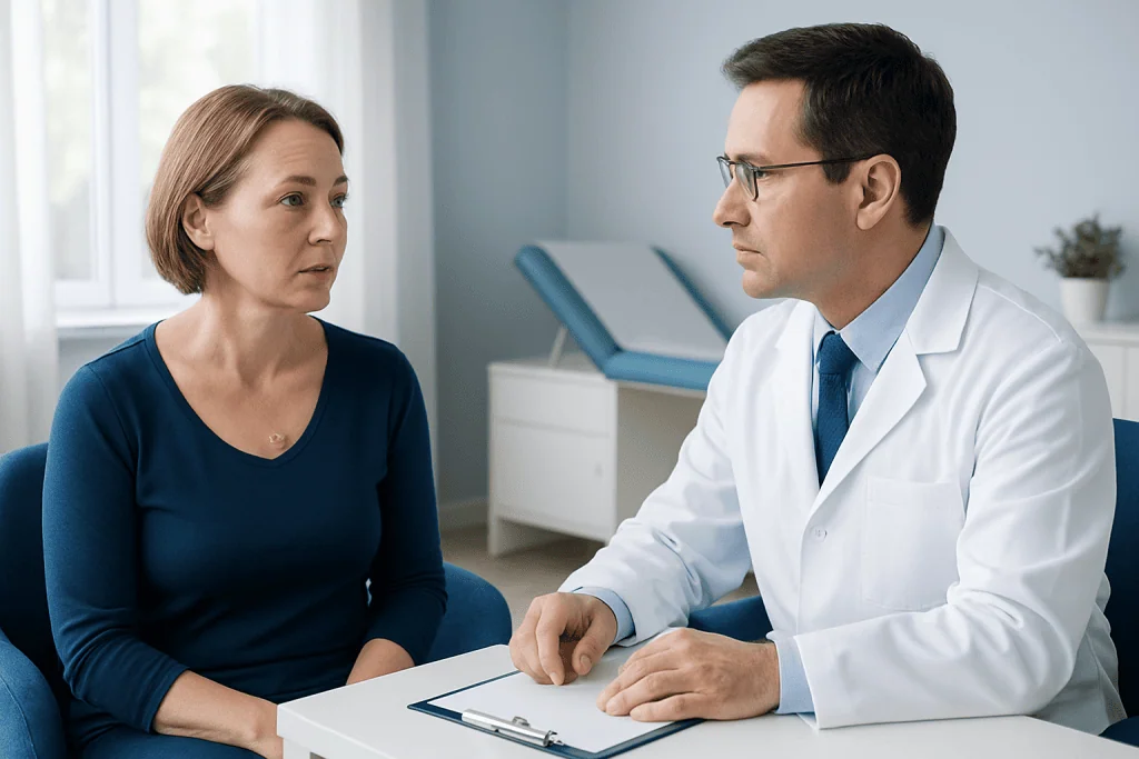 Doctor consulting with a female patient in a medical office.