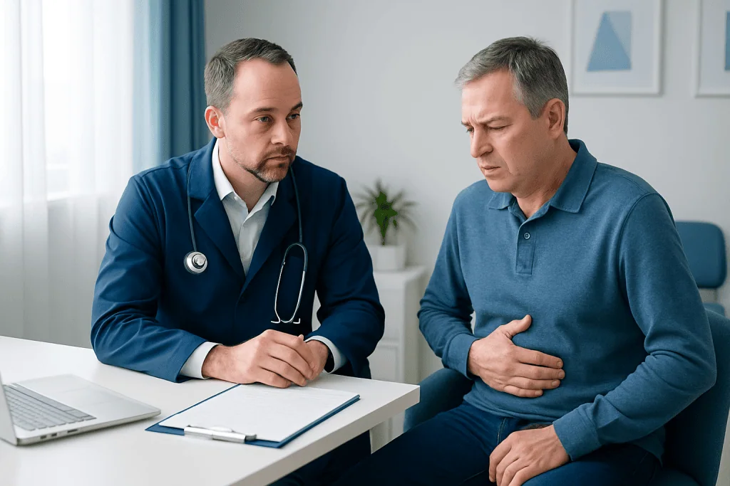 Doctor consulting with a patient about abdominal pain symptoms.