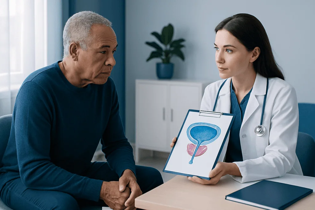 Urologist explains prostate health to an older male patient in a clinic.