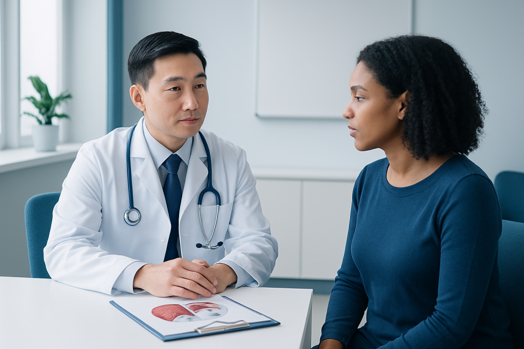 Doctor consulting with a female patient in a medical office.